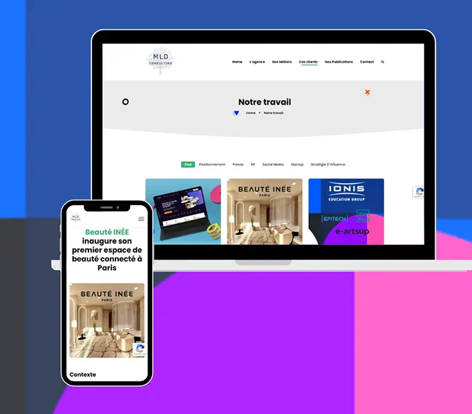 MLD Consulting : un site WordPress responsive au design soigné, optimisé SEO, reflétant le savoir-faire en communication d'influence de l'agence.