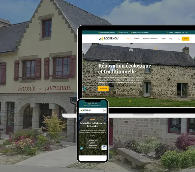 Création du site web vitrine d'EcoRenov, entreprise spécialisée dans la rénovation écologique du bâti ancien dans le Finistère.
